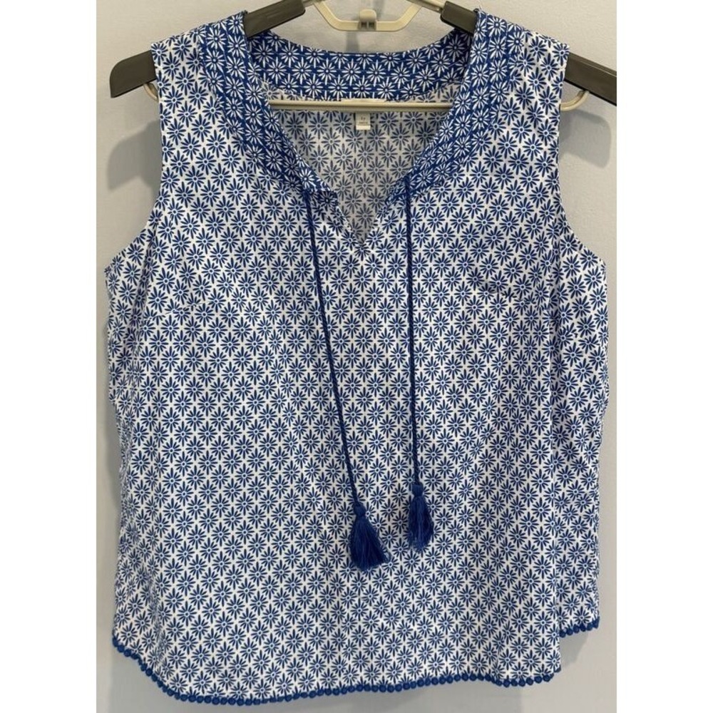 Talbots Petites Cotton Poplin Sleeveless Blue White Print Shirt Tassels Notch Lp